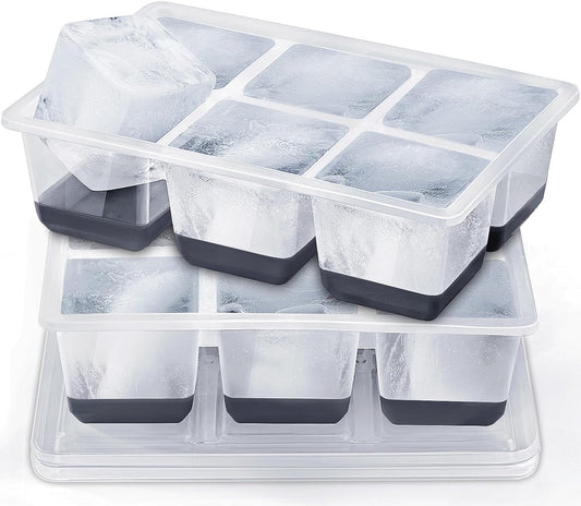 Ice Cube Trays 2 Pack, JRISBO Large Silicone Ice Cube Molds with Leak-Proof Lid, Transparent TPE Frame & Easy Release Bottom, Stackable Freezer Ice Trays for Whiskey, Cocktails, Soup, BPA Free
