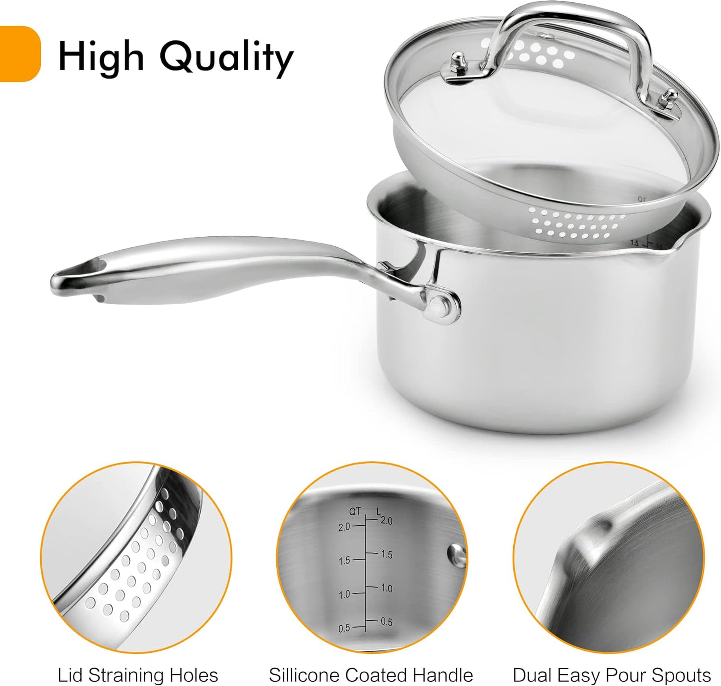 Cyrosa 3.5 Quart Stainless Steel Saucepan with Strainer Lid, Sauce Pot Sauce Pan for Stove Top, Two Side Spouts for Easy Pour, Dishwasher Safe
