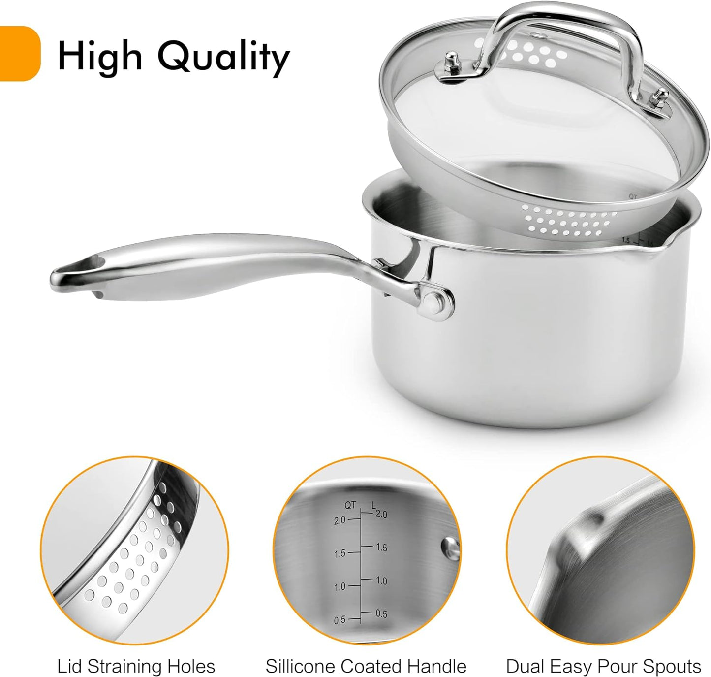Stainless Steel Saucepan with Tempered Glass Lid, 2.5 Quart Multipurpose Cooking Pot, Sauce Pot for Easy Pour with Ergonomic Handle
