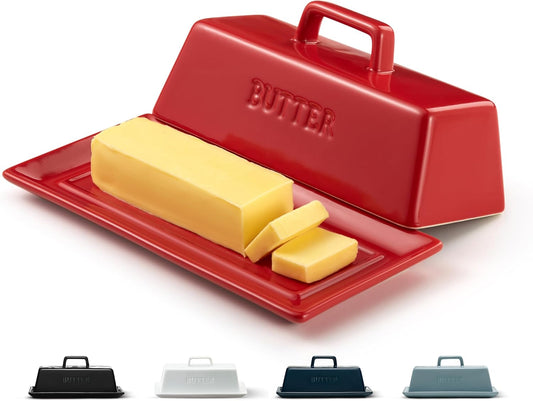 Butter Dish with Lid for Countertop, by Kook, Ceramic Dish Tray with Cover, Kitchen Keeper, Container, Holder, Holds 1 Stick, Microwave and Dishwasher Safe, Red