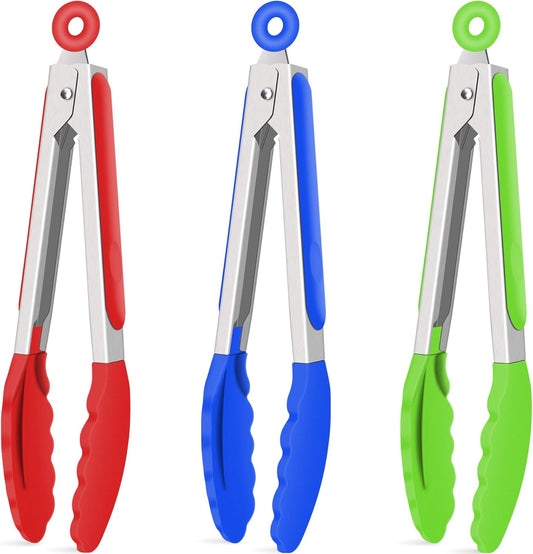 Hotec Silicone Kitchen Tongs for Cooking 9-Inch Serving Tongs with Silicone Tips, Set of 3 (Red Blue Green)