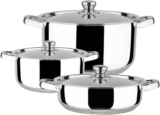 Stainless Steel 6-Piece Cookware Set: Mirror Polished, Induction Bottom, Straight Shape, SS Lids, Sturdy Handles and Knobs