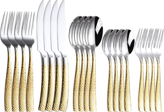 Hammered Silverware Set For 4,Forks and Spoons 18/10 Stainless Steel Heavy Duty Silverware Gold Cutlery Set 20 Piece Flatware Set,Mirror Polished,Dishwasher Safe (20 pcs gold)