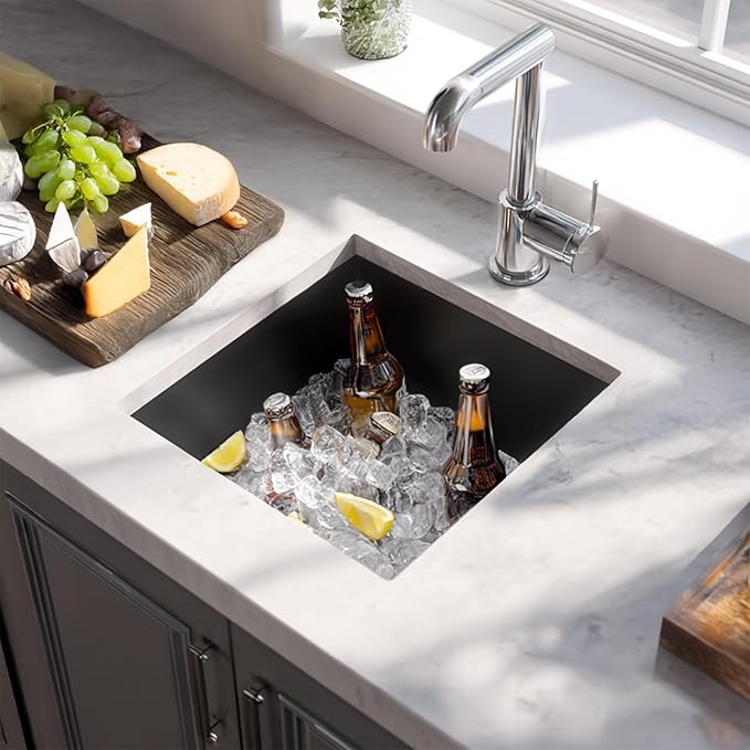 TORVA 14 x 14 Inch Gloss Black Undermount Kitchen Sink, PVD Coated Gunmetal Sink，16 Gauge T-304 Stainless Steel Single Bowl Wet Bar or Prep Sink with Zero-Radius Corners, Dark Grey
