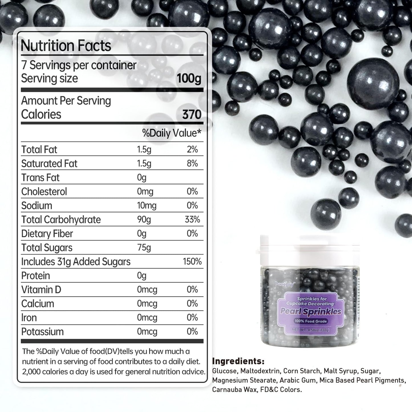 Dazzjoy Edible Black Sugar Sprinkles, Pearl Candy Sprinkles for Cake Decorating, Food Grade, Cupcake Toppers and Black Cake Decorations, Wedding Party Valentines Easter Supplies(130g/4.58oz)