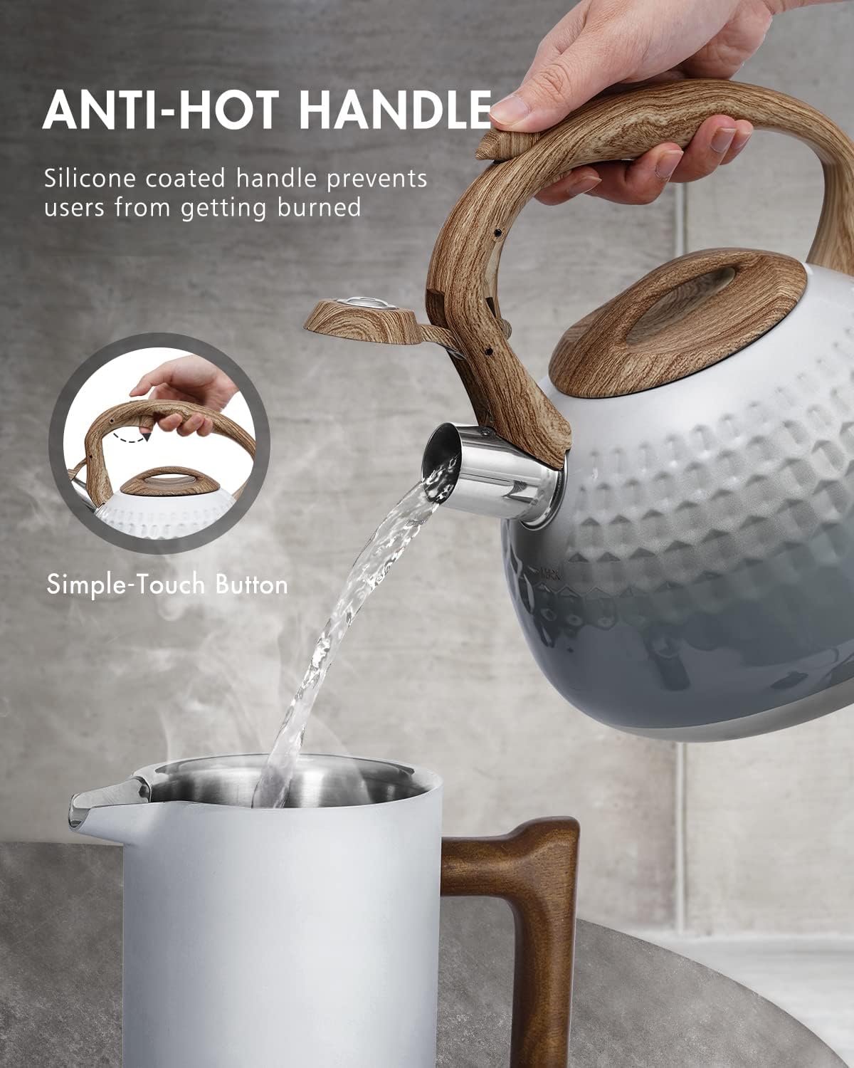 POLIVIAR Tea Kettle, Antique White Stovetop Tea Kettle 2.7 Quart, Audible Whistling Teapot, Food Grade Stainless Steel for Anti-Rust, Anti Hot Handle, Suitable for All Heat Sources (JX2020-YH30)