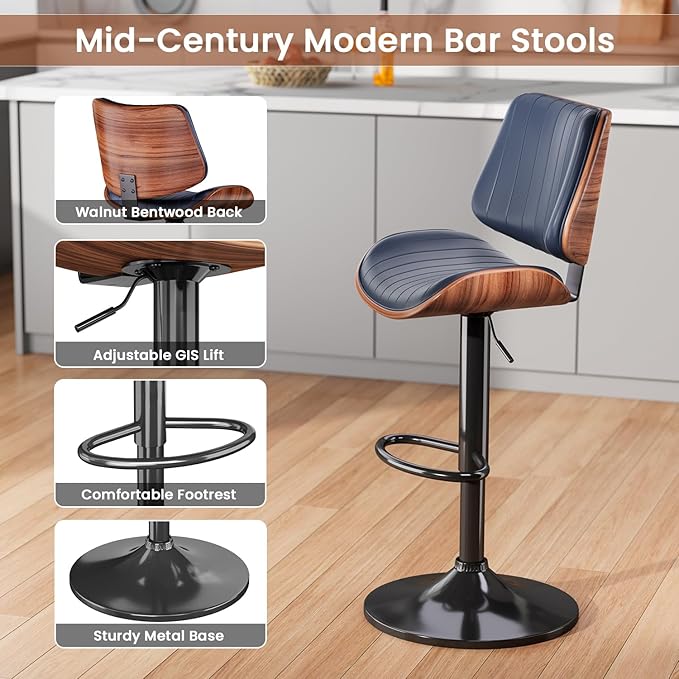 Swivel Bar Stools Set of 1, Adjustable Bentwood Barstools for Kitchen Counter, Modern PU Leather Upholstered Bar Chair with Back and Footrest, for Kitchen Island, Bar, Dining Room, Navy