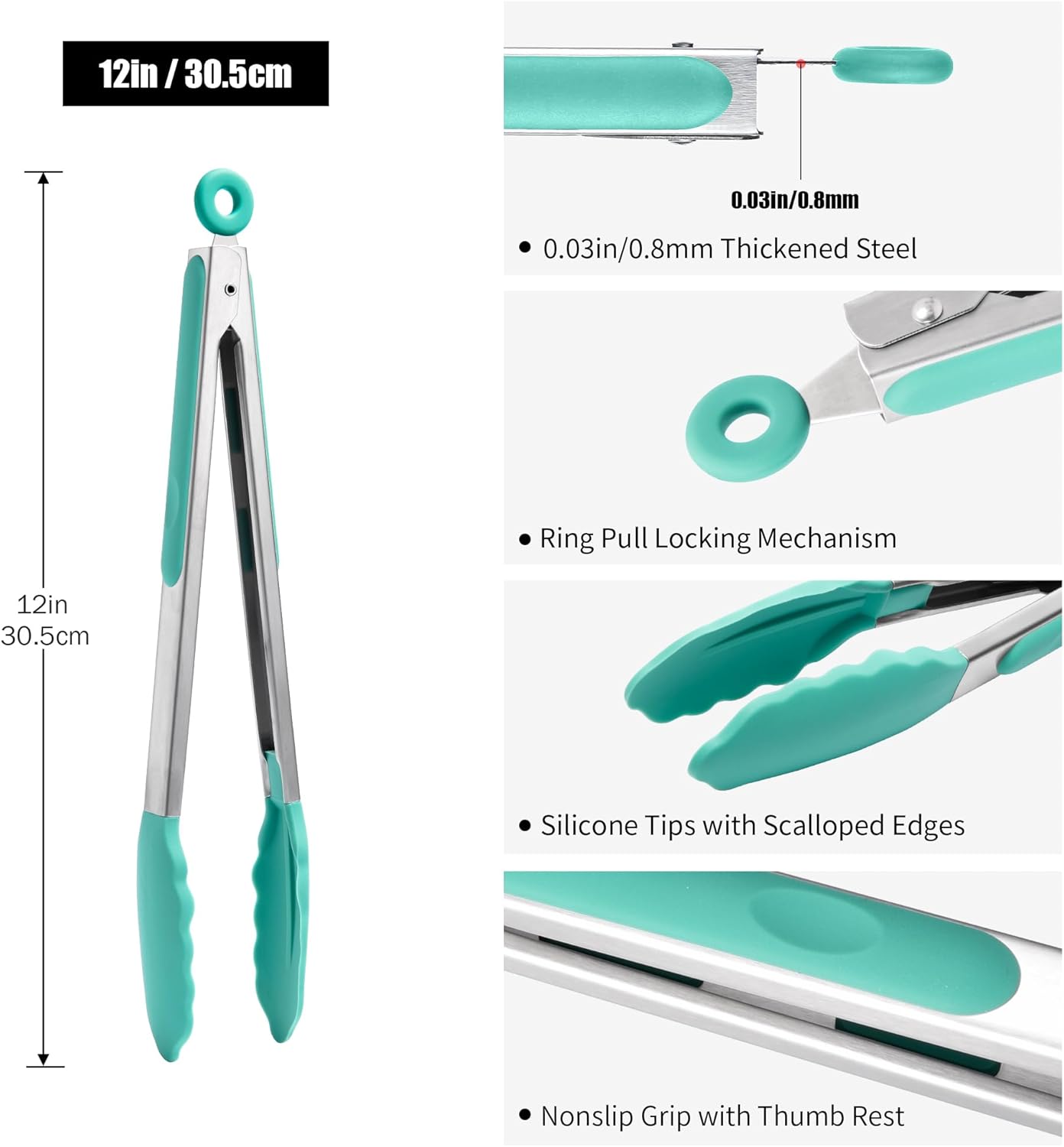 Doosu Kitchen Tongs for Cooking - 600°F Heat Resistant Food Tong with Non-Scratch Silicone Tips, Heavy Duty Stainless Steel Locking Tong for BBQ, Grilling Steak, Serving Salad, Pasta (12in, Aqua Sky)