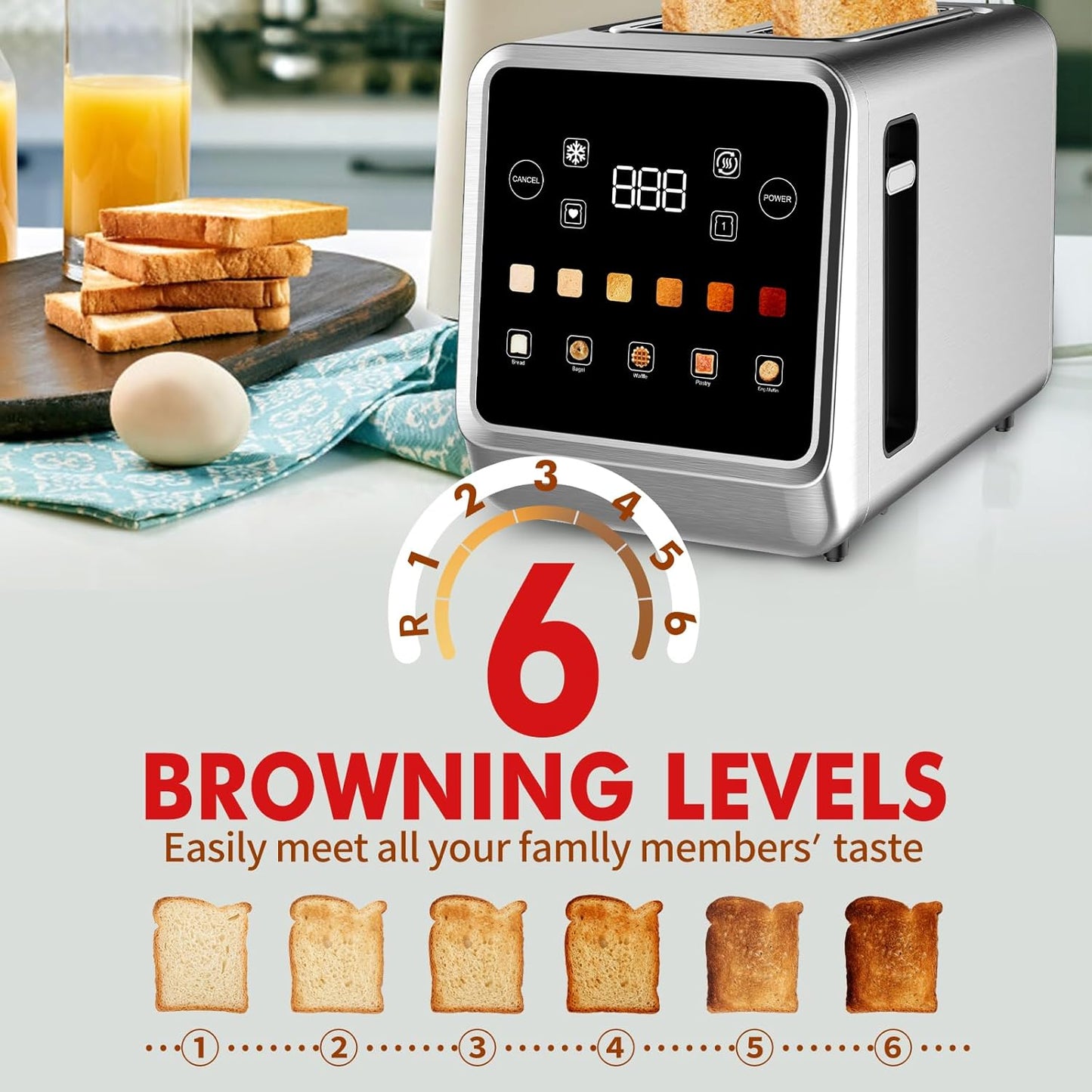 Toaster Touch Screen Toaster 2 Slice with LCD Display Stainless Steel Digital Timer Toasters 6 Bread Types& 6 Shade Settings Smart Extra Wide Slots Tostadora With Bagel Cancel,Defrost Functions