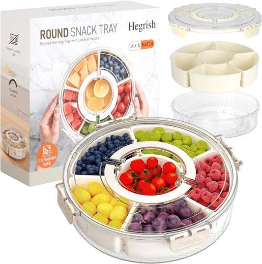 Small Divided Rotating Serving Tray with Lid and Handle,Portable Snackle Box Container,Spinner Organizer and Storage for Adults,Child,Fruits,Candy,Nuts,Veggie,Charcuterie,Snacks,Picnic,Travel, Party