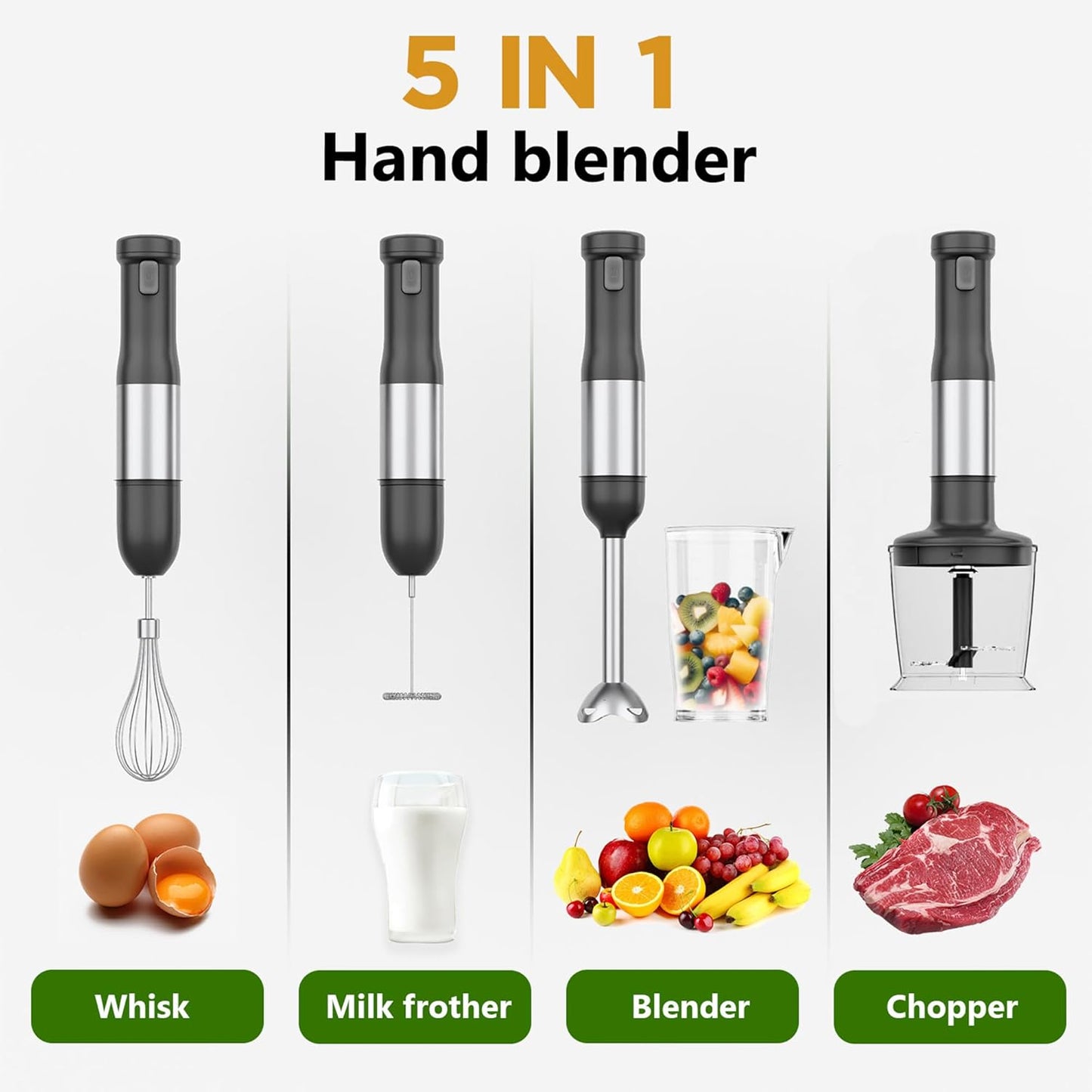 Cordless Immersion Hand Blender, 5-in-1 Variable Speed blender handheld,Rechargeable with 2000mAh Battery, BPA-Free & Dishwasher-Safe Accessories:700ml Beaker,Chopper,Whisk & Milk Frother,Grey