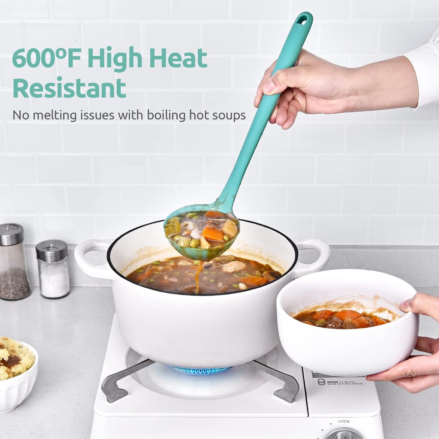 13 inch Silicone Soup Ladle: U-Taste 600ºF Heat Resistant 4 oz Large Non-stick Seamless Rubber Kitchen Deep Serving Spoon with Non-slip Solid Long Handle for Cooking Sauce/Stews/Gravies (Aqua Sky)