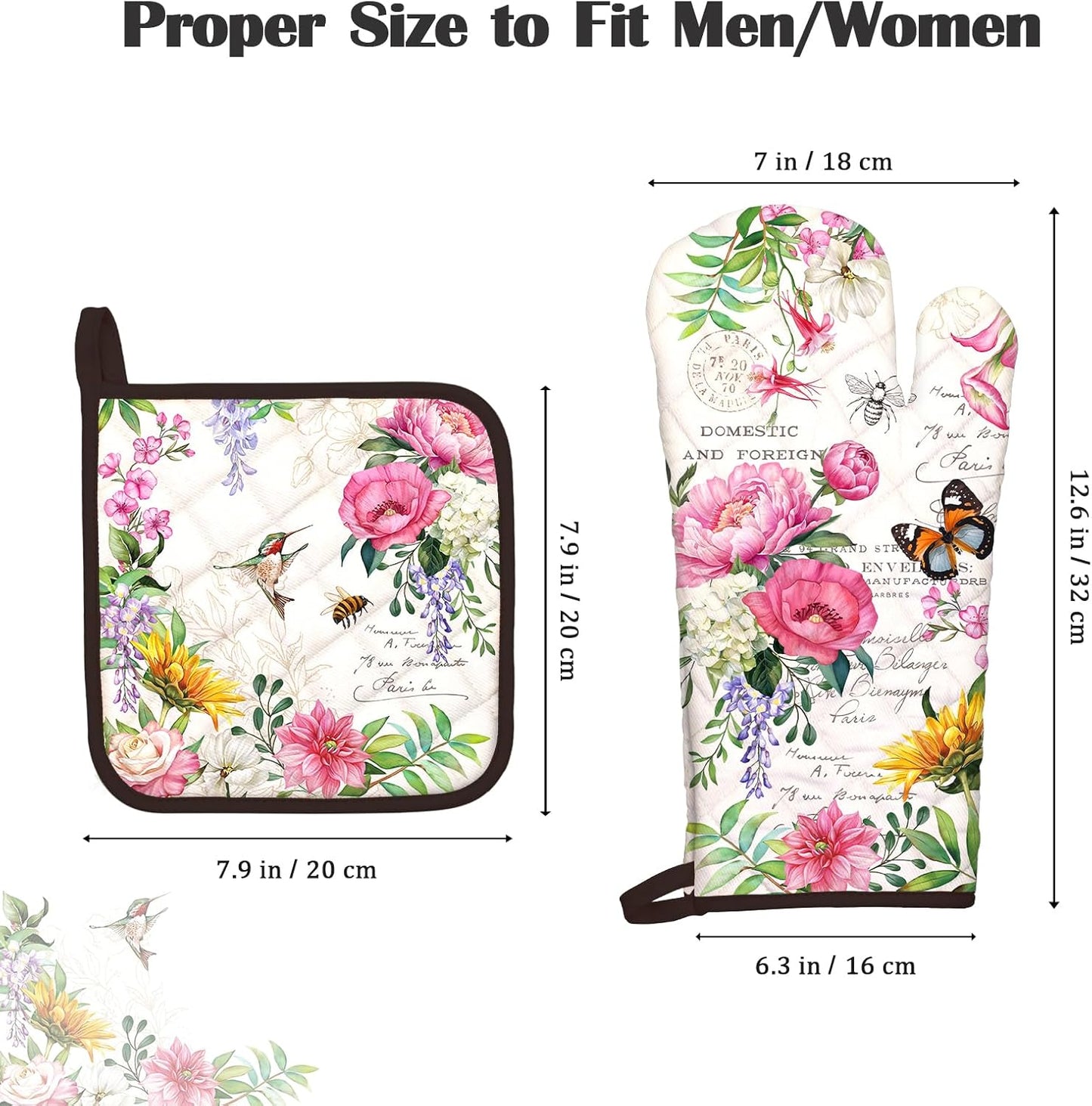 Vintage Flower Oven Mitts and Pot Holders Sets 2Pcs, 100% Cotton Heat Resistant, Extra Long Oven Gloves Potholder for Kitchen Cooking Baking Decoration