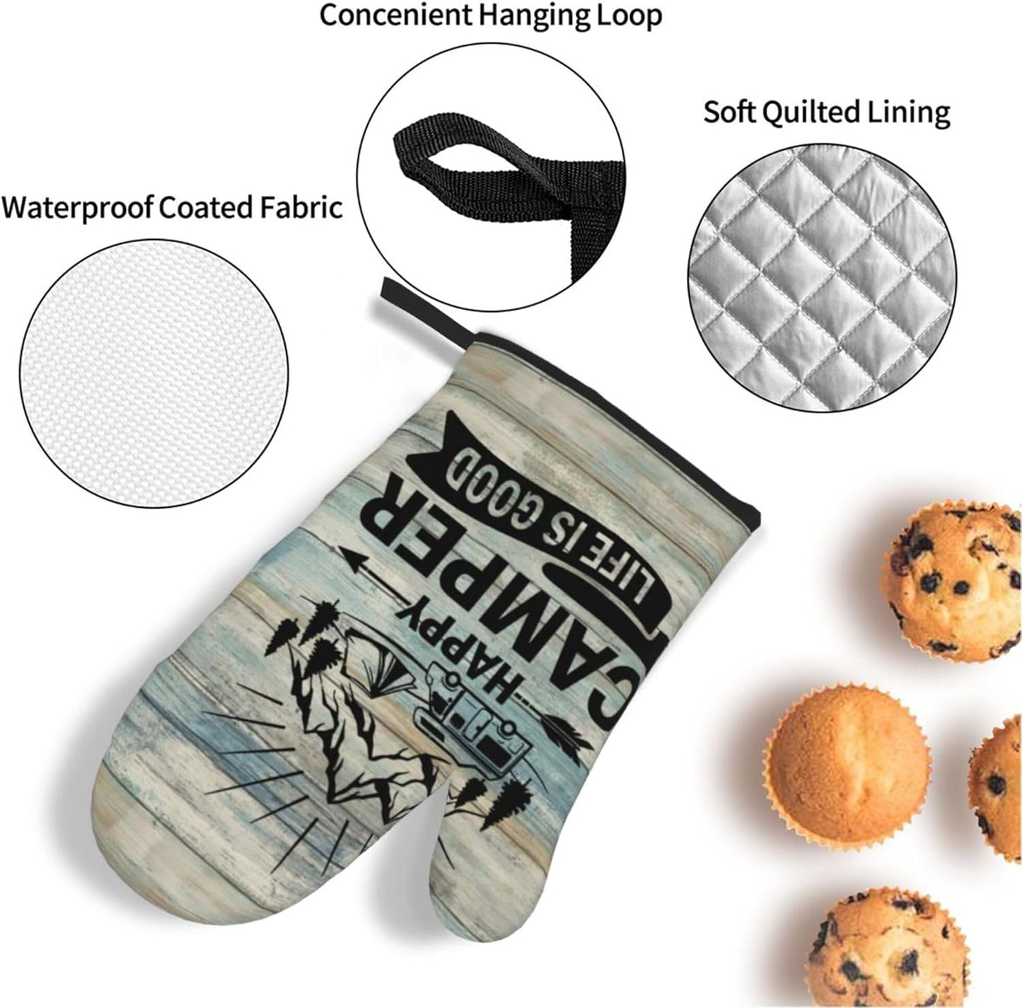 Happy Camper Oven Mitts and Pot Holders Sets of 4,Resistant Hot Pads with Polyester Non-Slip BBQ Gloves for Kitchen,Cooking,Baking,Grilling