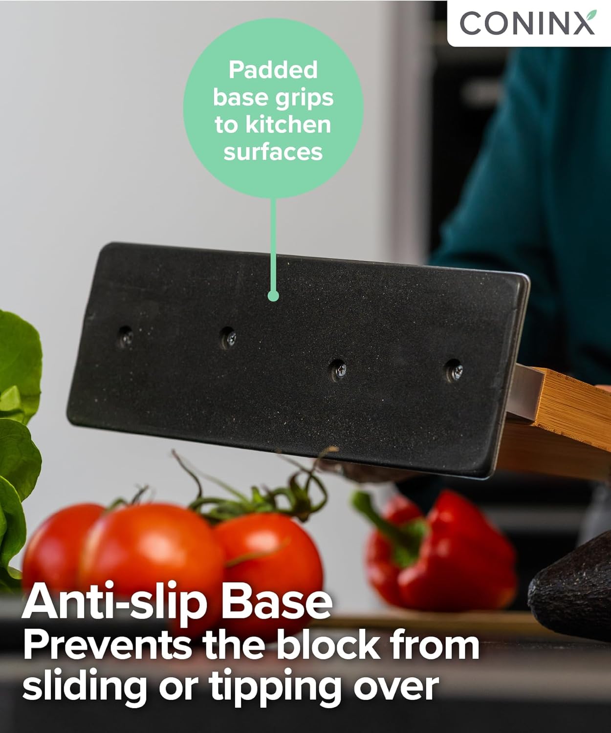 Coninx Magnetic Knife Block with Integrated Sharpener - Double Sided Walnut Wood Knife Holder - Universal Knife Stand with Non-Slip Base for Kitchen Countertop