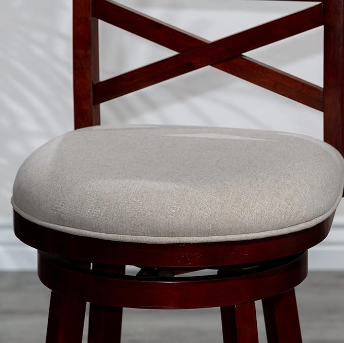DTY Indoor Living Meeker 24 Inch Counter Height Bar Stools with Backs - Wooden Swivel Counter Stools for Kitchen Island - Beige Fabric Seat, Solid Wood Frame, Cherry Finish