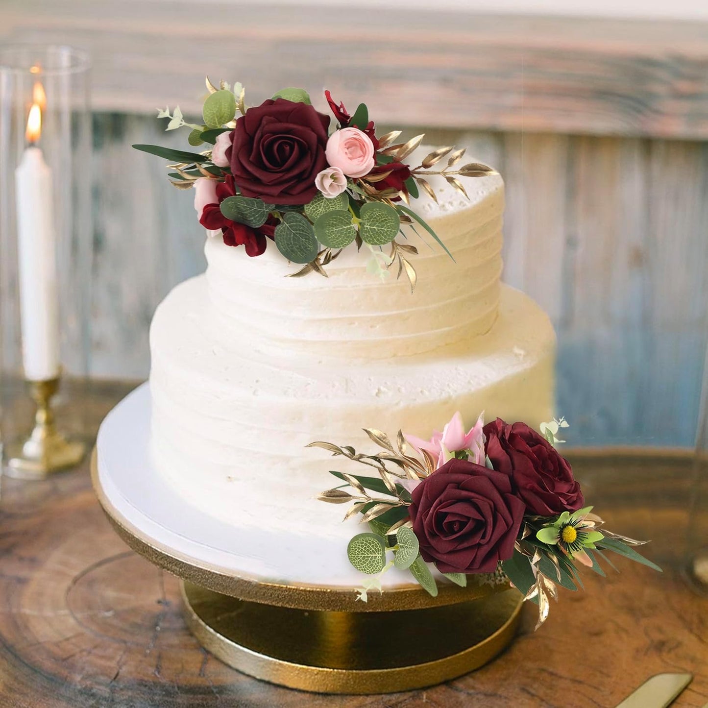 Rinlong Pre-made 3Pcs Cake Toppers Burgundy Flowers Cake Decorations Wedding Cake Decorating Flowers Decor Birthday Baby Shower Party Christening Christmas Cake Toppers