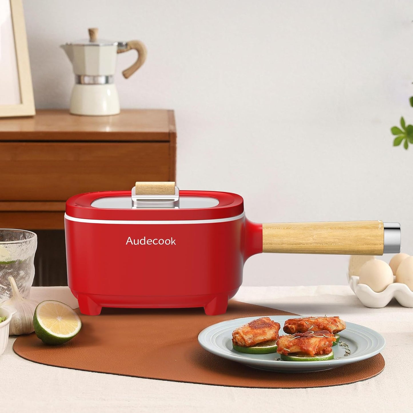 Audecook Hot Pot Electric 2L, Cermic Glaze Non-Stick Frying Pan 8 Inch, Portable Travel Cooker for Ramen/Steak/Fried Rice/Oatmeal/Soup, with Dual Power Control (Silicone Spatula Included)