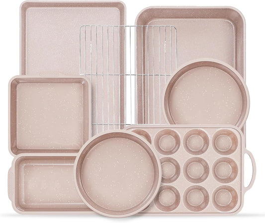 Vinino 8-Piece Baking Pans Set Nonstick, Bakeware Set includes Silicone Muffin, Loaf, Cake Pans with Metal Reinforced Frame, and Carbon Steel Roasting Pan, Cookie Sheet, Cooling rack for Oven