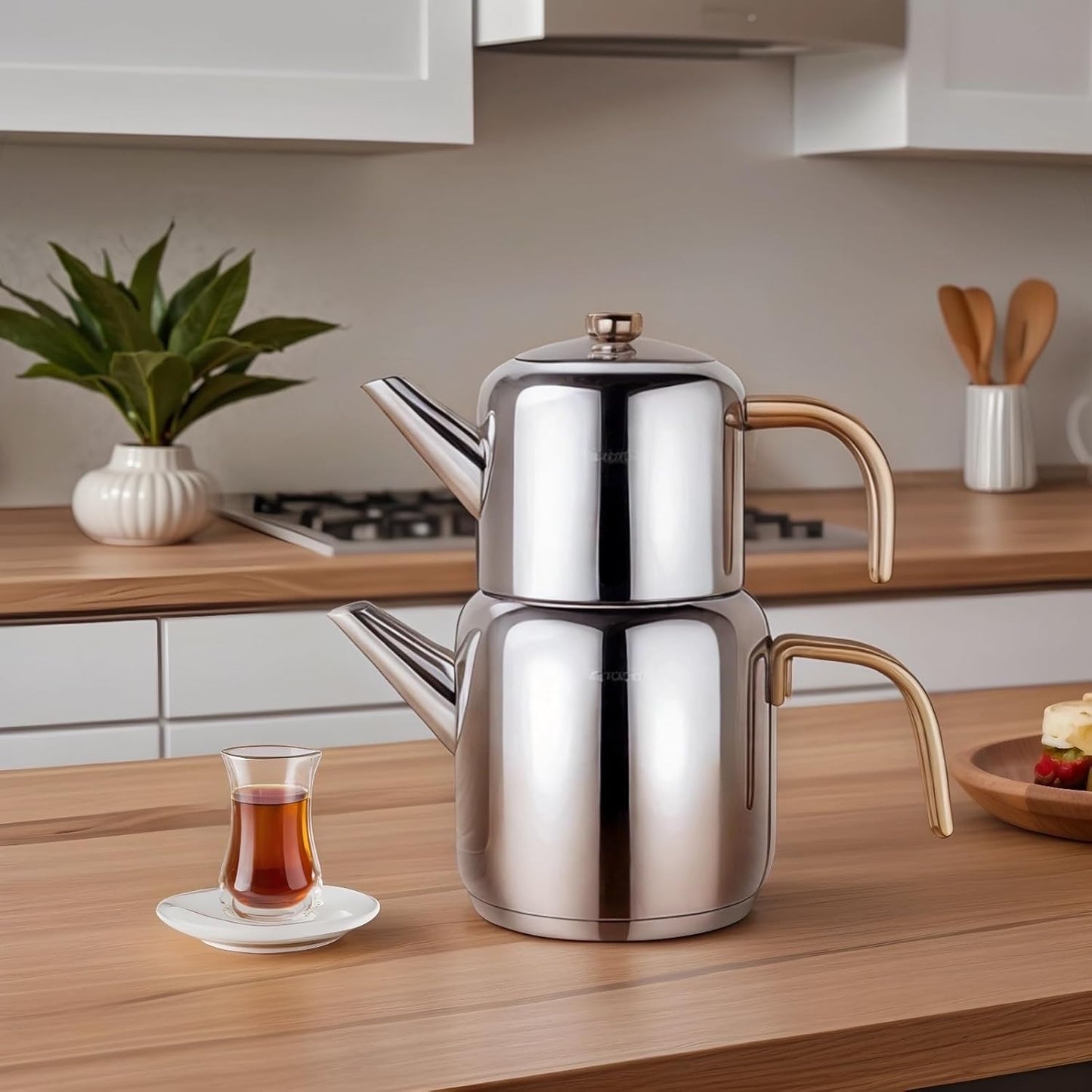 Karaca New Mira Turkish Tea Set for Stovetop, Induction Base Stainless Steel Tea Maker (1L Teapot & 2L Tea Kettle), Dishwasher Safe, Non-Burning Gold Handles Samovar Style