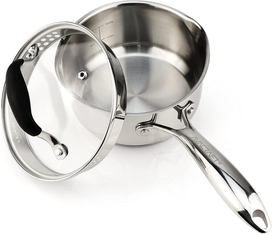AVACRAFT Multipurpose Sauce Pan/Pot, Stainless Steel with Glass Strainer Lid, Two Side Spouts for Easy Pour with Ergonomic Handle (5-Ply Capsule Bottom, 1.5 Quart)