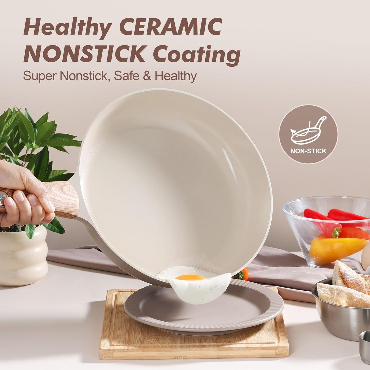 SENSARTE Ceramic Nonstick Frying Pan Skillet with Lid 8inch Non Stick Pan Omelet Pans, Non-toxic Healthy Kitchen Cooking Chef's Pan, Free of Intentionally Added PFAS/PTFE, Induction Compatible, Taupe