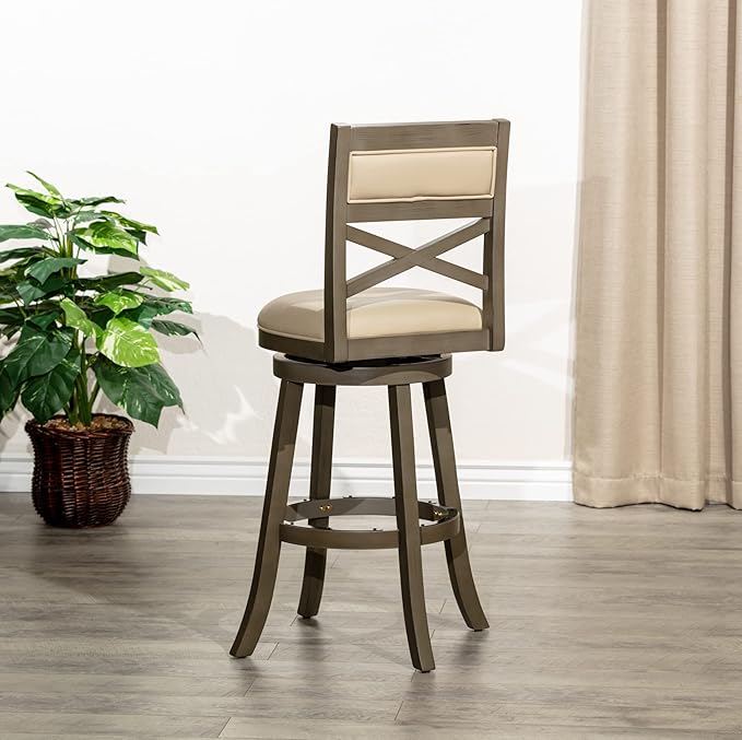 DTY Indoor Living Meeker X Back Fabric Swivel Stool, 30” Bar Height, Weathered Grey Finish, French Gray Leather Seat