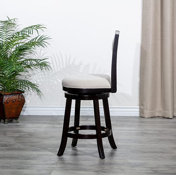 DTY Indoor Living Meeker X Back Fabric Swivel Stool, 30” Bar Height, Espresso Finish, Beige Fabric Seat