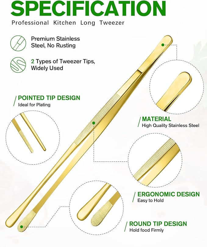 4 Pcs Fine Long Tweezer Tongs Professional Gold, 12'' and 10'' Stainless Steel for Kitchen, Food, Cooking, Repairing, Sea food and BBQ