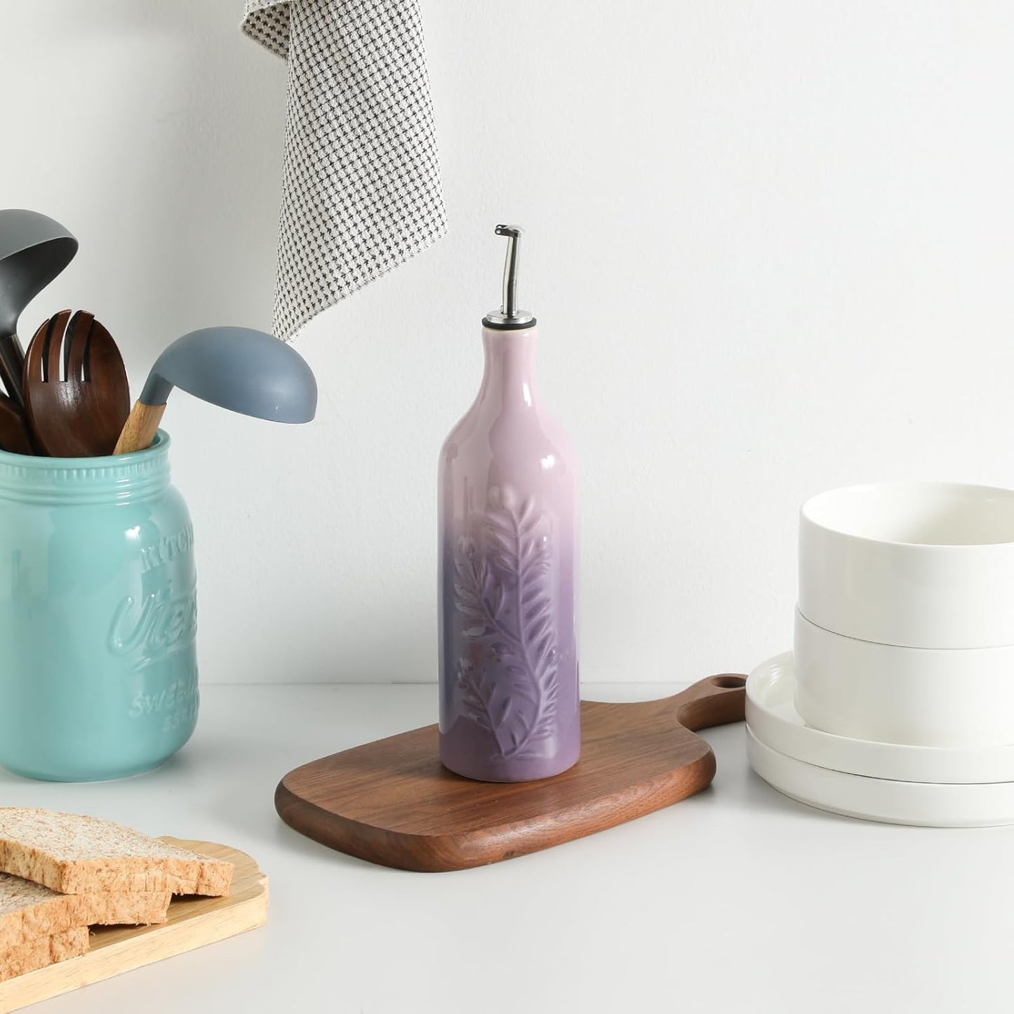 Sweejar Large Olive Oil Dispenser Bottle with Spout, 24 Oz Ceramic Dispenser for Kitchen, Relief Opaque Cruet, Container for Cooking, EVOO, Avocado Oil, Vinegar, Pack of 1(GradientPurple)