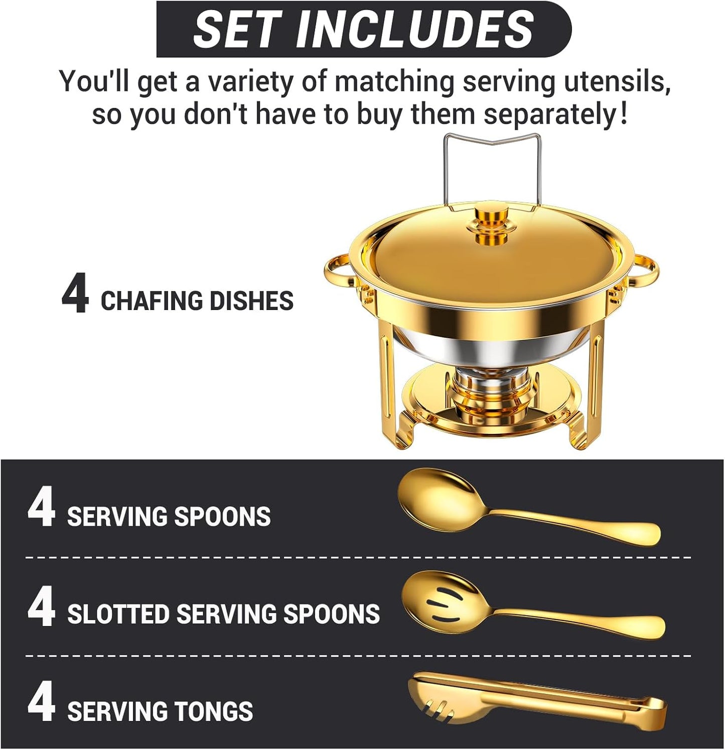 Round Chafing Dishes for Buffet 5 Qt,High Grade Chafing Dish Buffet Set, Full Size Pan,Rolled-Edge Design Food Warmers for Parties,Buffet,Wedding,Birthday,Camping 4 PACK (Gold)