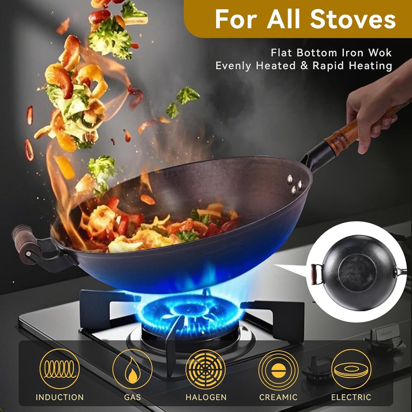 WANGYUANJI Cast Iron Wok Pan 12 inch Flat Bottom with Wooden Handle and Lid, Large Wok Stir Fry Pan Suitable for All Cooktops, Chinese wok with Free Dishcloth and Brush