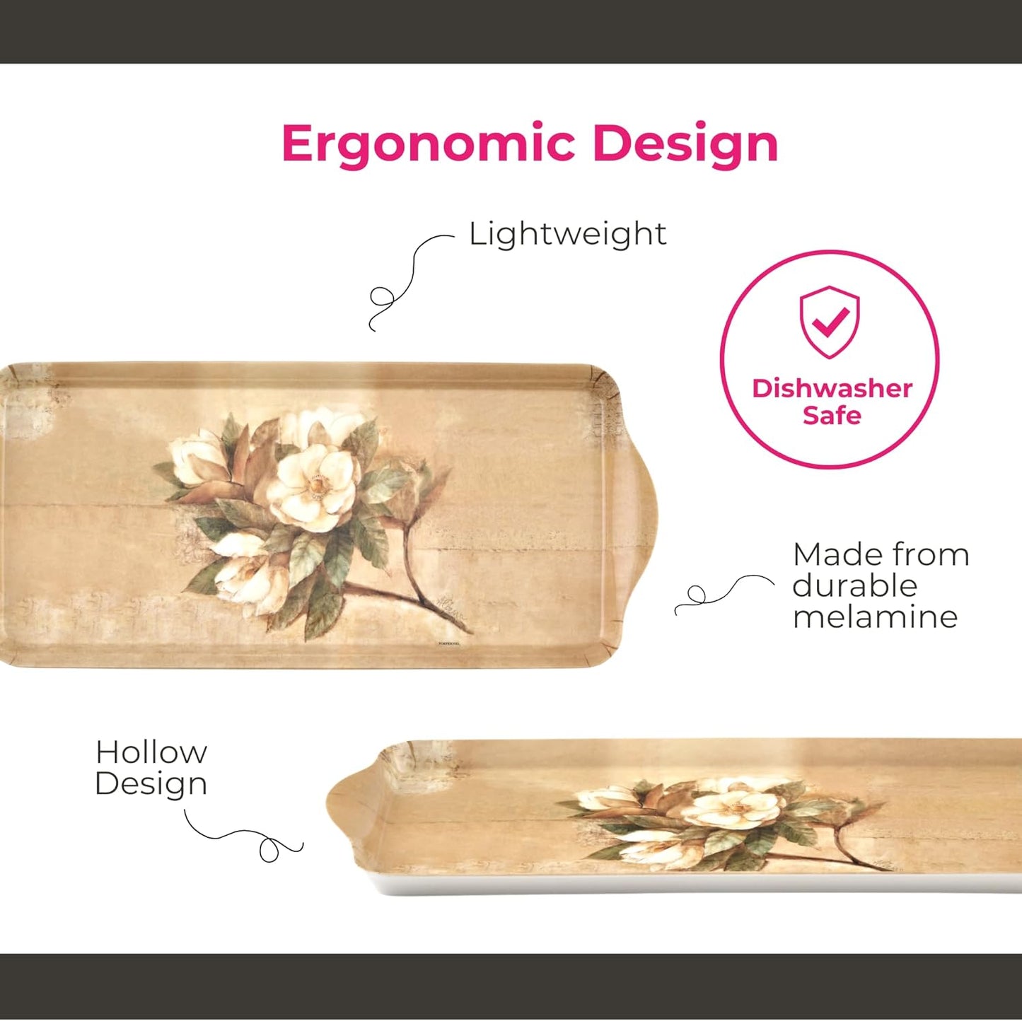 Pimpernel Sugar Magnolia Sandwich Tray - Rectangular Melamine Snack Tray with Blooming Floral Design, Pink & Green Tones - Dishwasher Safe Serving Platter for Breakfast Pastries or Decorative Display