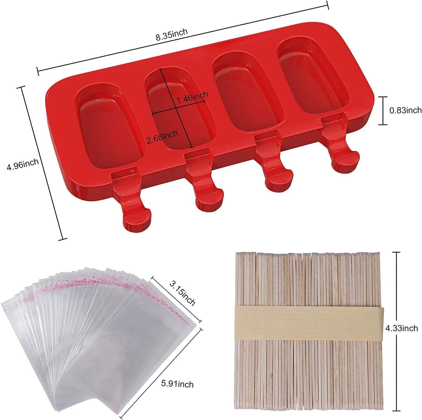 Ozera 2 Pack Popsicles Molds, Homemade Cake Pop Molds Cakesicle Molds Silicone Popcical Molds, 4 Cavities Ice Pop Cream Molds Maker with 50 Wooden Sticks & 50 Popsicle Bags for DIY Popsicles