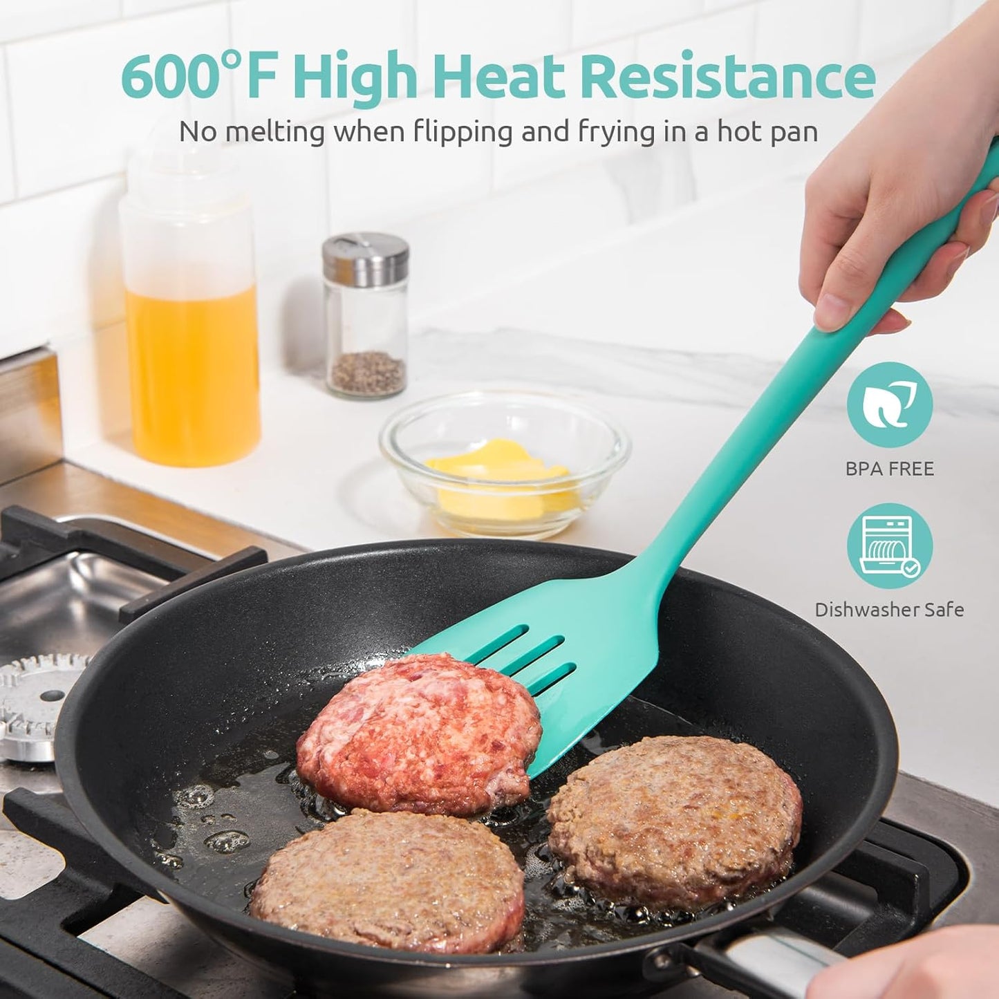 13.6" Slotted Silicone Turner: U-Taste 600ºF Heat Resistant Kitchen Spatula Flipper, Food Grade Flexible Wide Seamless Rubber Cooking Utensil for Egg, Omelette, Burger in Nonstick Cookware (Aqua Sky)
