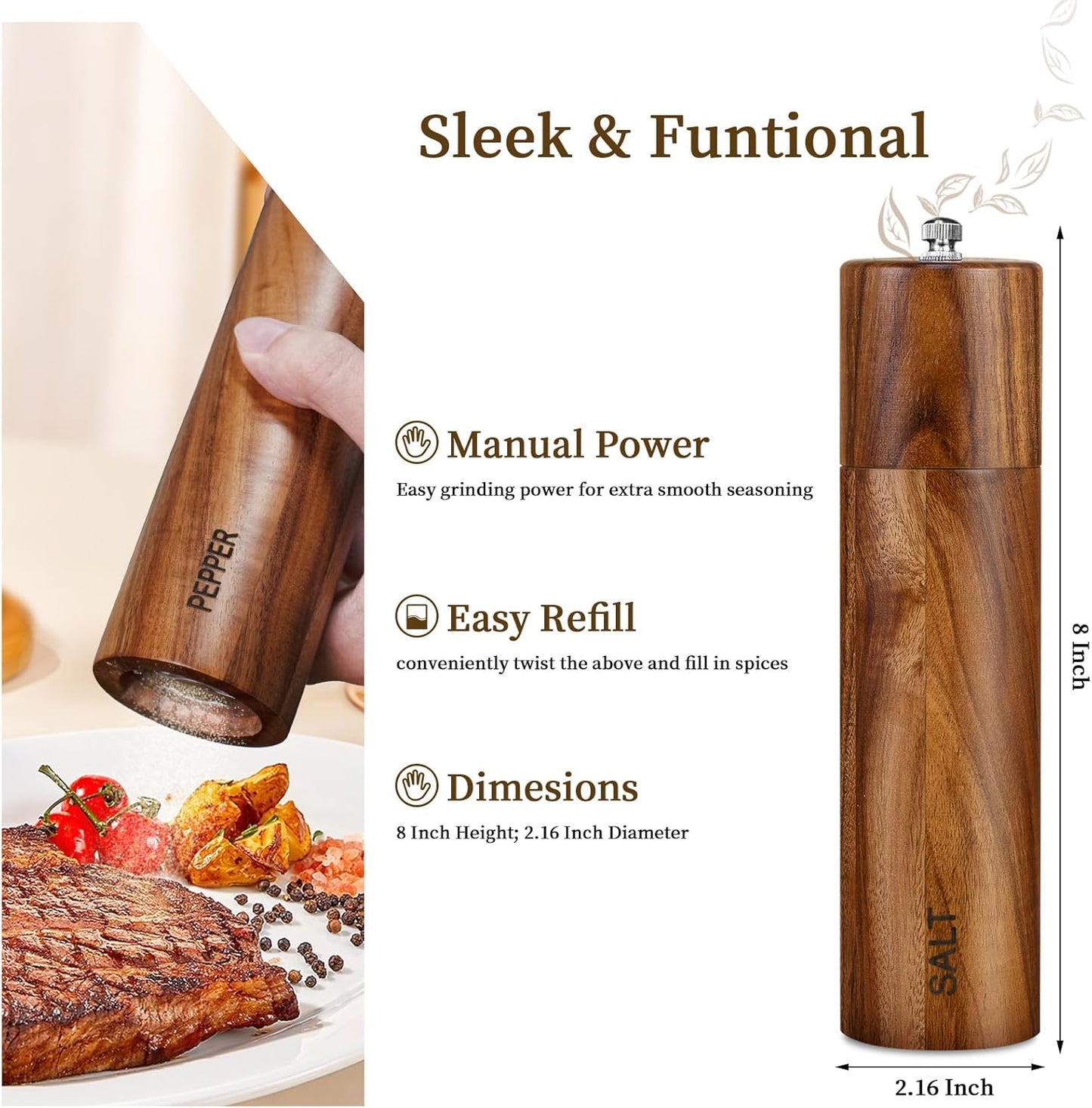2 Pack Acacia Wooden Salt and Pepper Grinder Set 8 Inches Refillable Salt and Pepper Mills Adjustable Coarseness, Acacia Wood with Ceramic Core Peppercorn Shaker Tableware Birthday Gifts