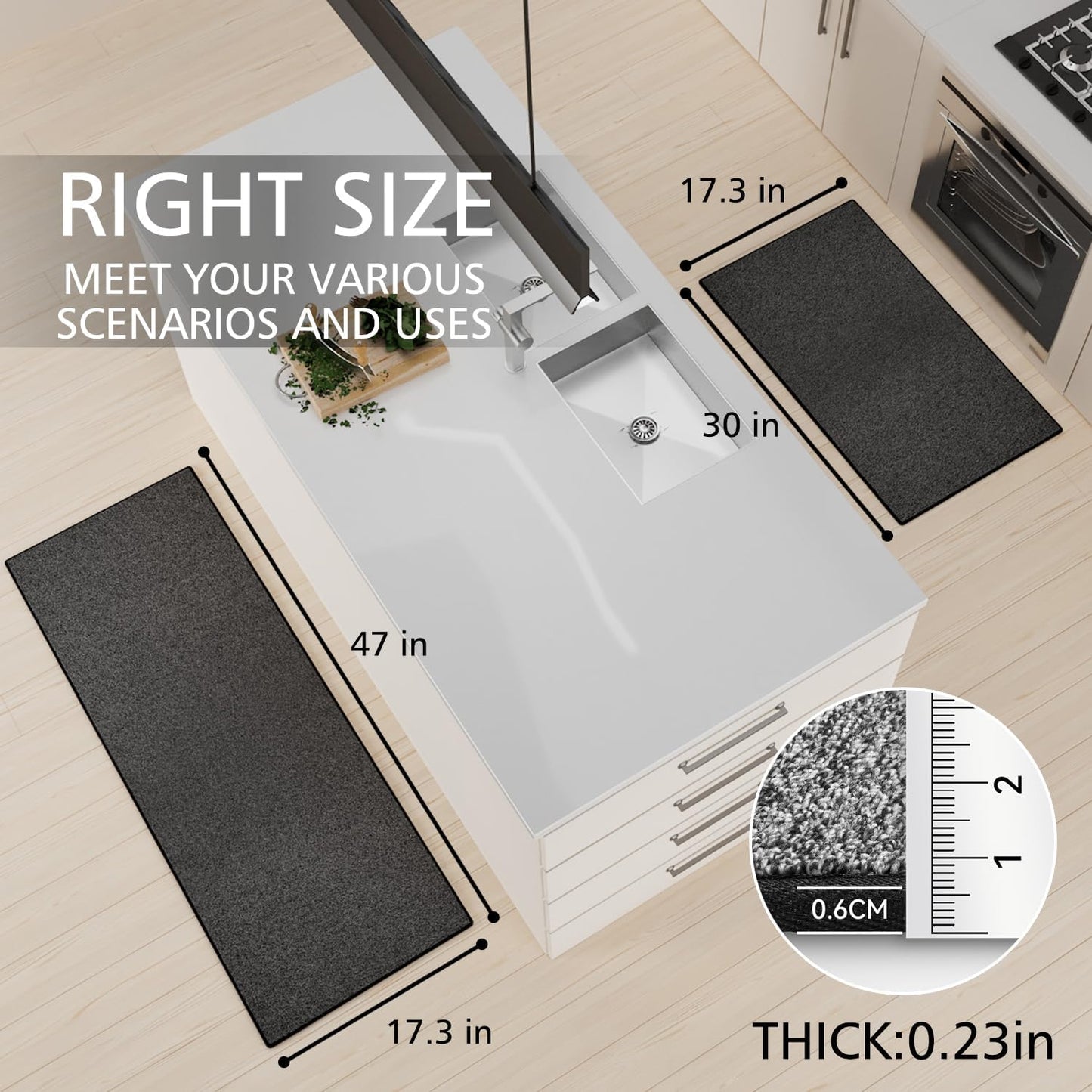 Kitchen Mat Set of 2 PCS, Cushioned Non Slip Rugs for Kitchen Floor, Absorbent Runner Comfort Standing Mats Washable for Kitchen, Office, Home (Black-Velvet, 17.3"x47"+17.3"x30")