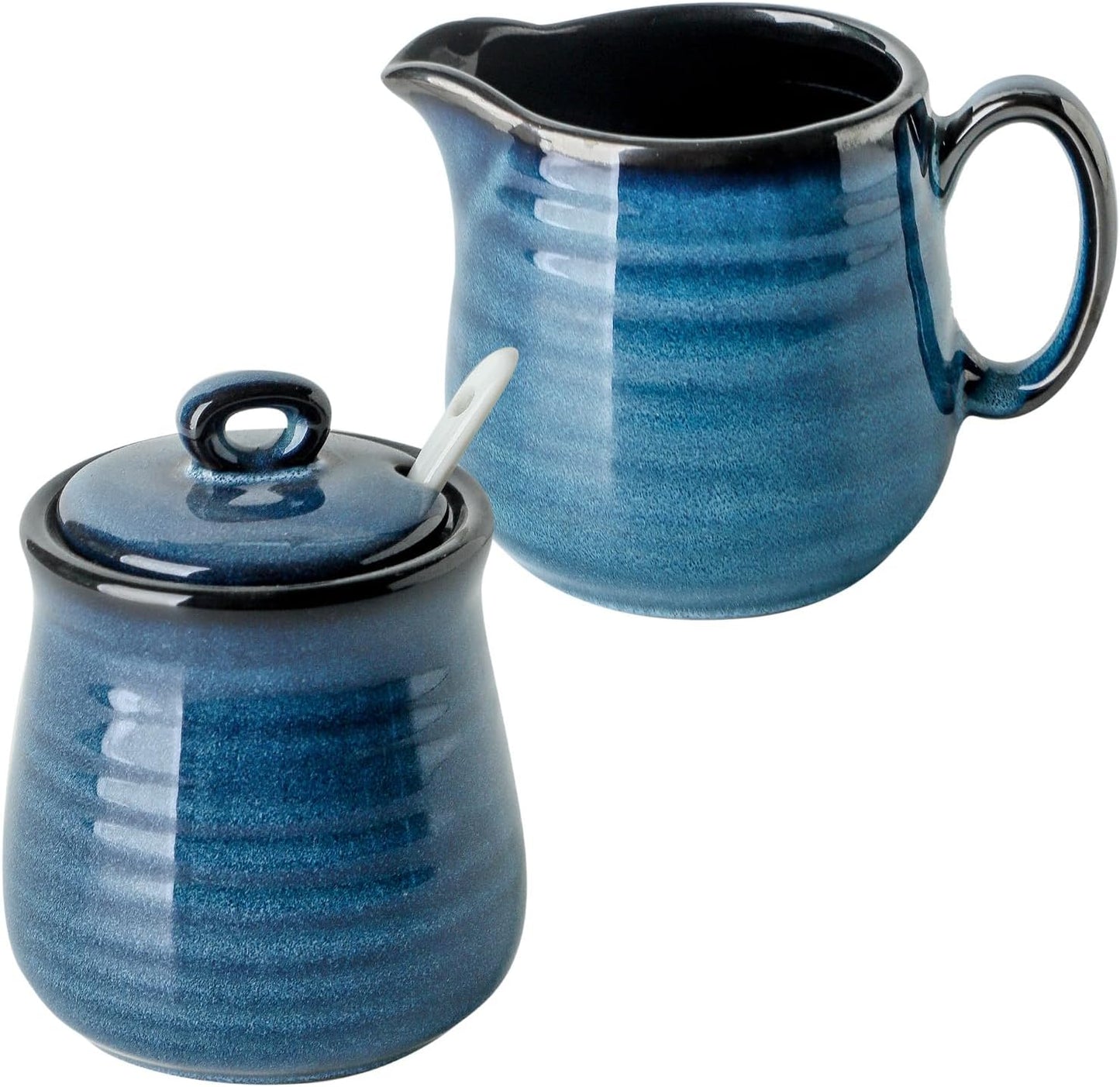 Glowworm Porcelain Sugar and Creamer Set, 11 Ounce Sugar Container, 10 Ounce Cream Pitcher, Farmhouse Coffee Sets for Serving, Dishwasher Safe, Blue