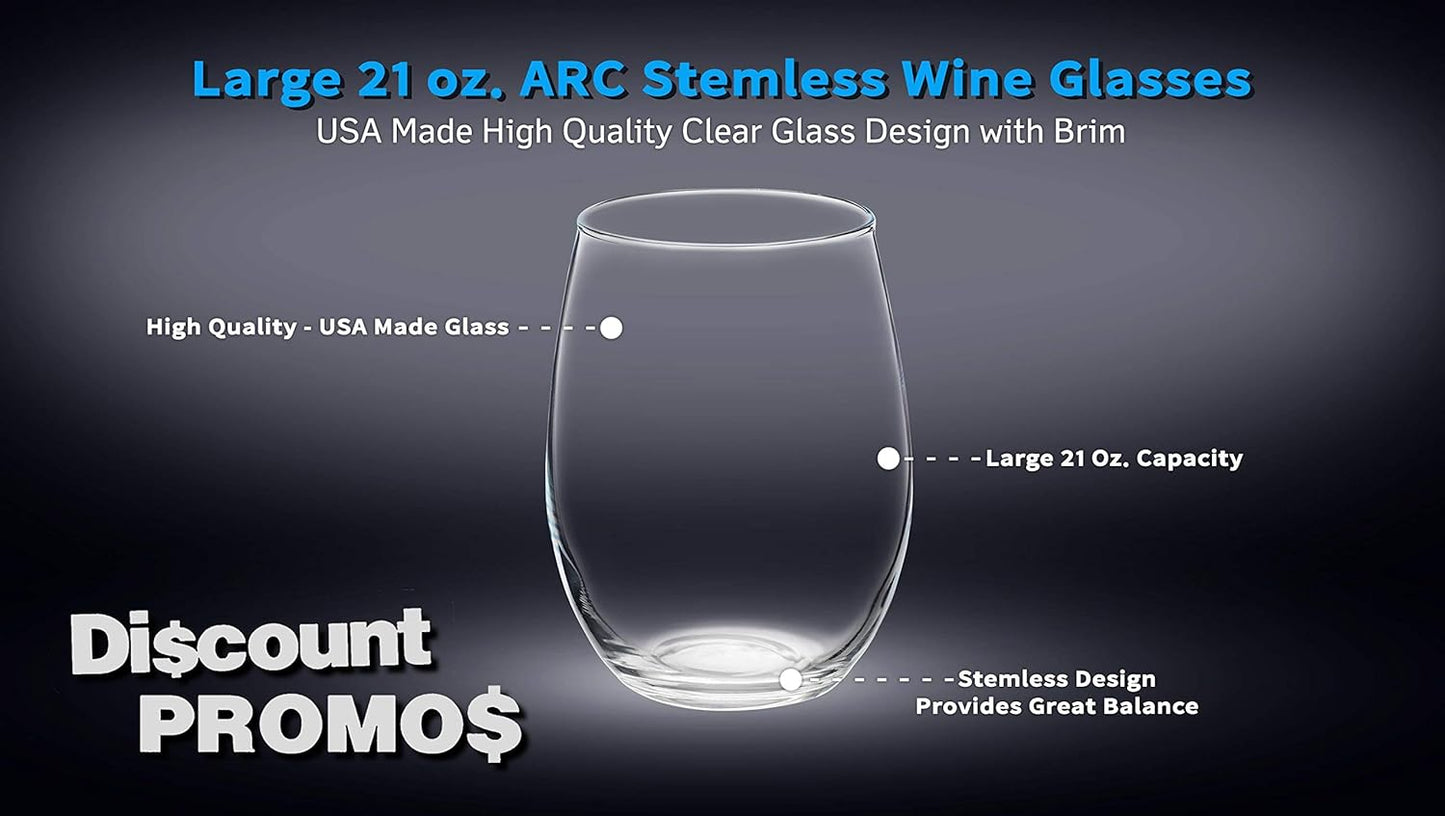 DISCOUNT PROMOS 10 ARC Stemless Wine Glasses Set, 21 oz. - Chardonnay, Cabernet, Merlot, Sauvignon - Clear