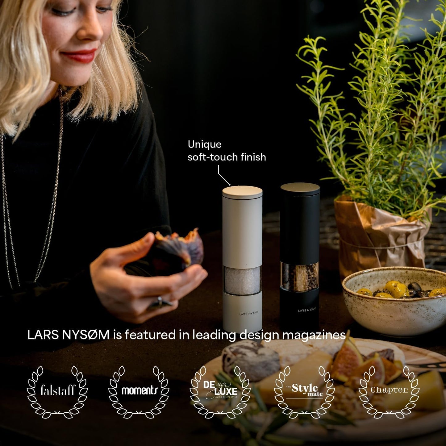 LARS NYSØM Salt and Pepper Grinder Set Manual, Stainless Steel Salt and Pepper Mills with Adjustable Ceramic Grinder I Design Spice Shakers (Carbon Black)