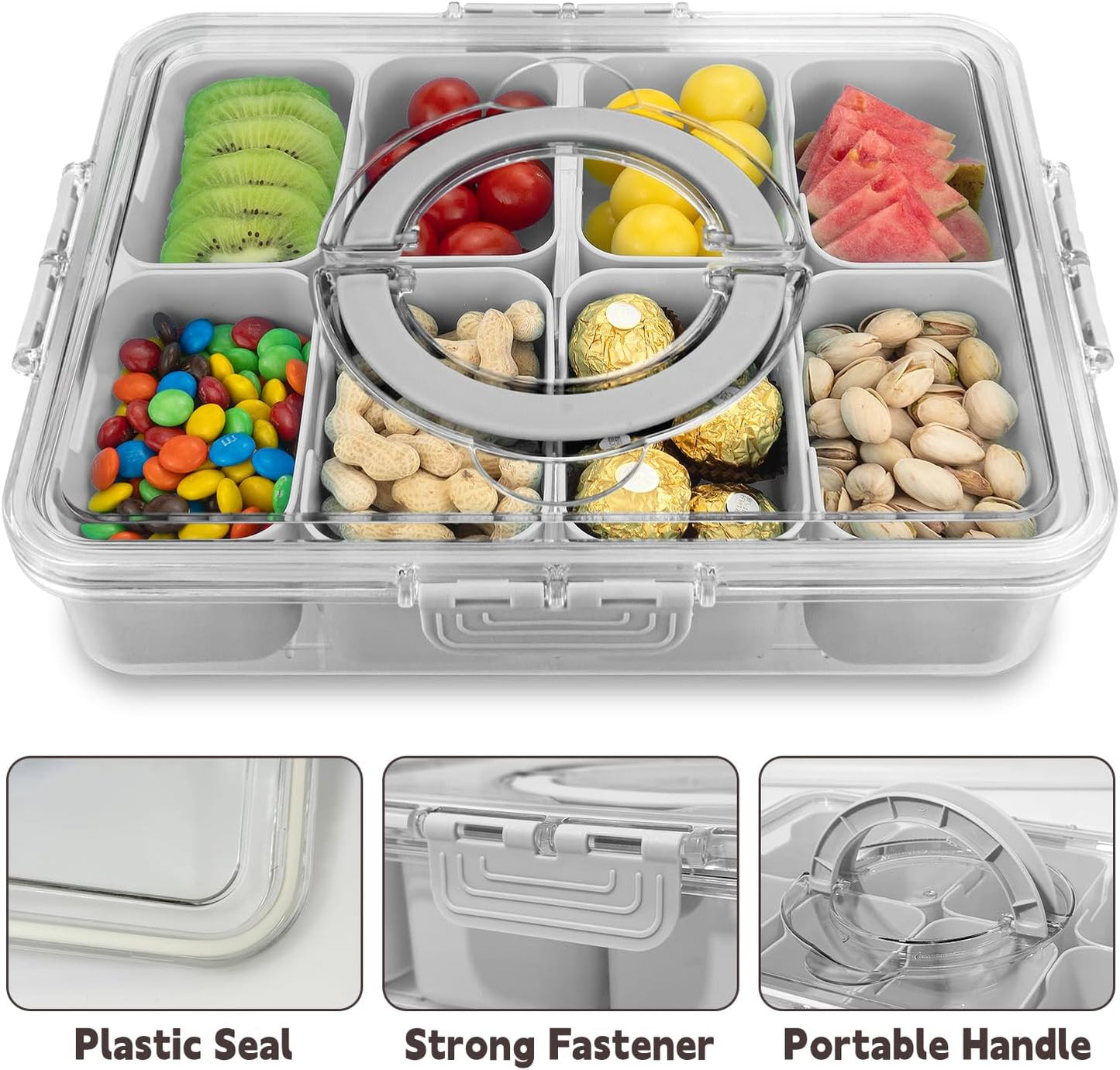 Divided Serving Tray with Lid and Handle,8 Compartments Snacks Box,Snack Fruit and Veggie Tray,Portable Platter for Candy Fruits Nuts Snack Party Entertaining Picnic (2 PCS Grey)