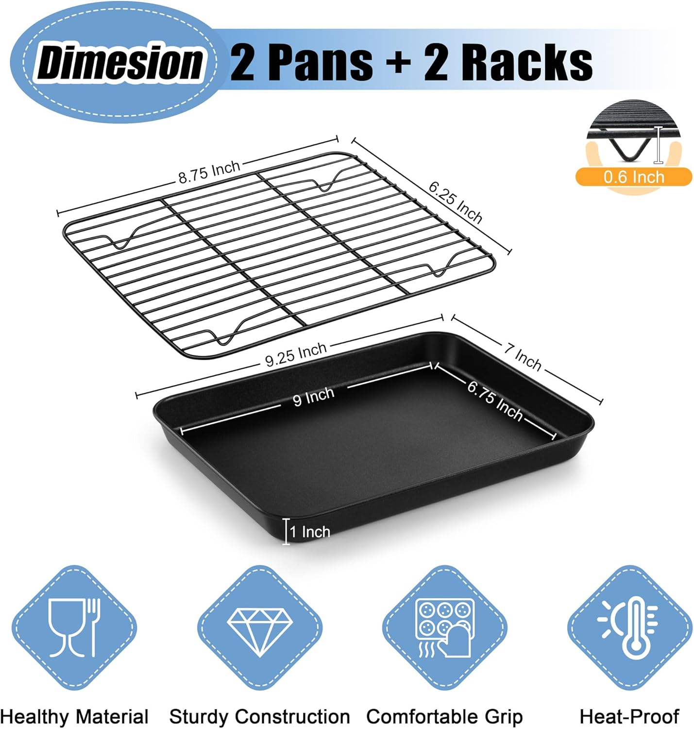 TeamFar Toaster Oven Pans with Racks Set, 9.25 x 7 x 1 Inch Carbon Steel Mini Baking Pan Tray with Rack for Roasting Cooling, Non-Toxic & Heavy Duty, Nonstick & Easy Clean, (2 Pans & 2 Racks)