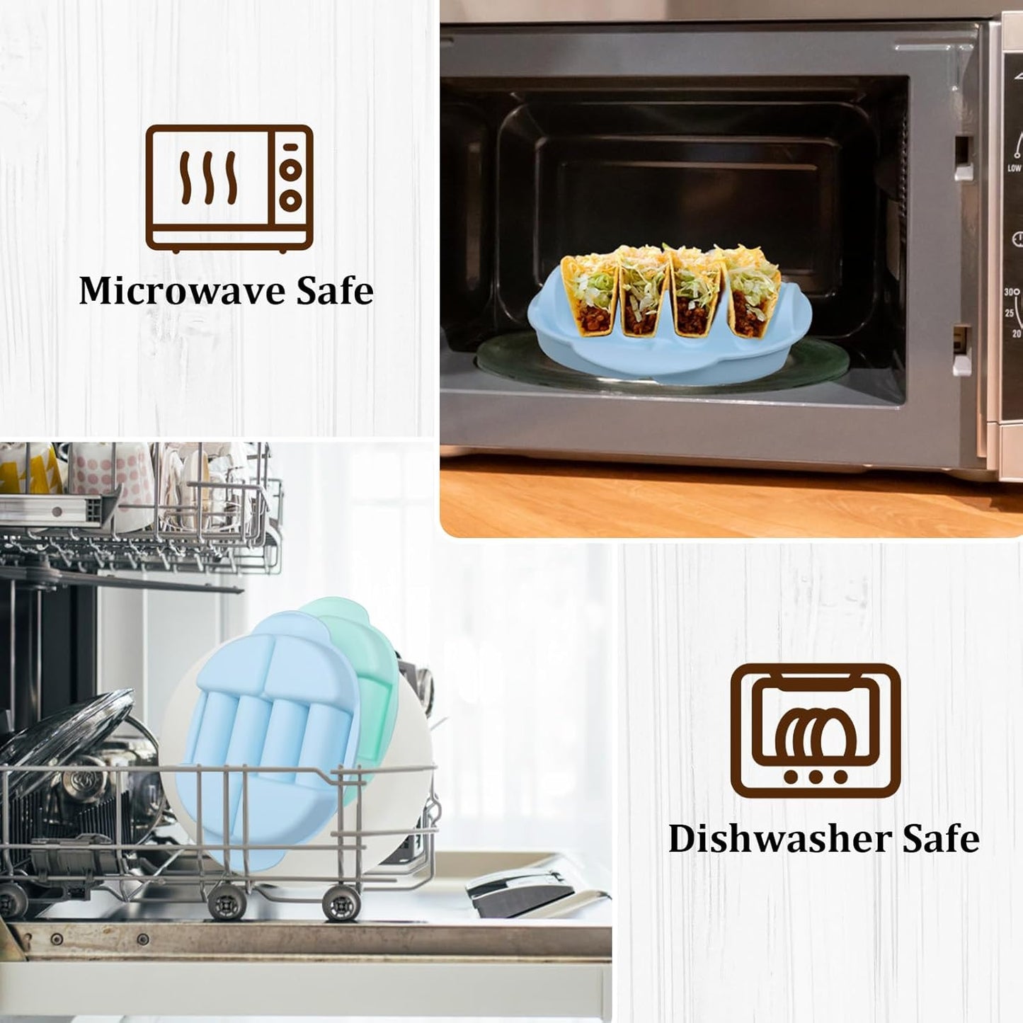 Silicone Taco Holder Plates, BicycleStore 2 Pack Taco Serving Tray with Handle, 11.8"X9.8" Non-Slip Taco Shell Holders Stand Rack with Dividers, Reusable Taco Bar Supplies Dishwasher & Microwave Safe