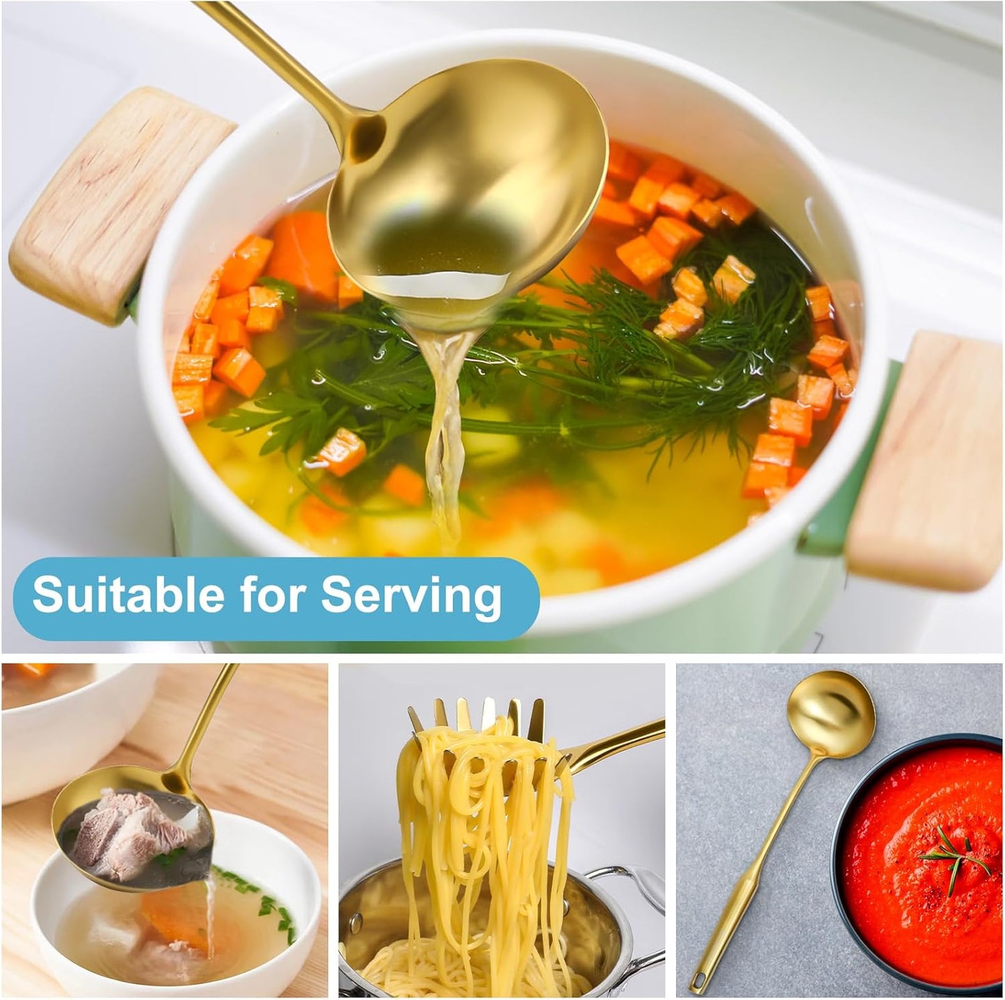Gold Soup Ladle - 18/10 Stainless Steel Ladle Spoon, 13.8" Soup Spoons [Integral Forming, Heat Resistance，Vacuum Handle] Kitchen Metal Ladel for Cooking, Serving, Stirring, Canning，Sauce, Wok & Soup