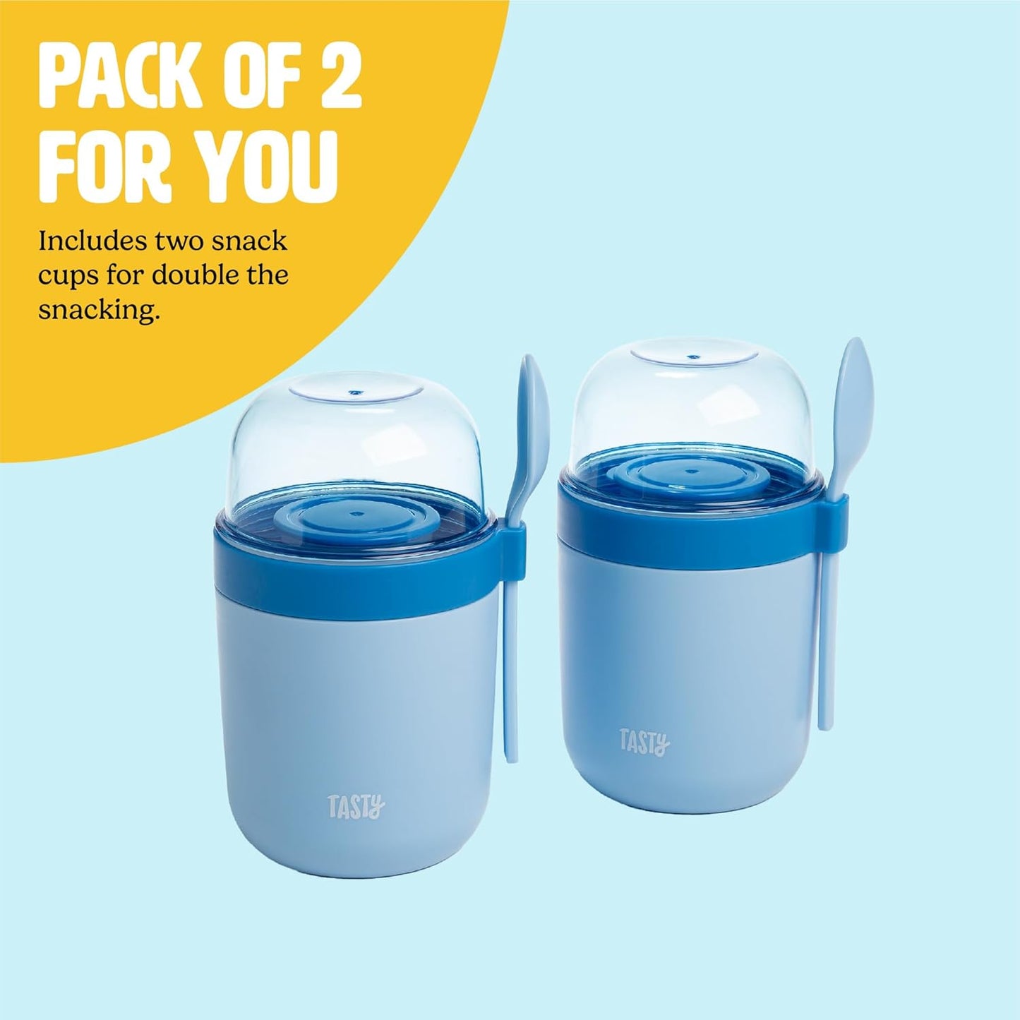 Tasty Travel Snack Cups with Spoons, On-The-Go Snacking, Divided Compartments, Great for Nuts, Cereal, Granola, Yogurt and More, Made Without BPA, 2-Pack, Blue