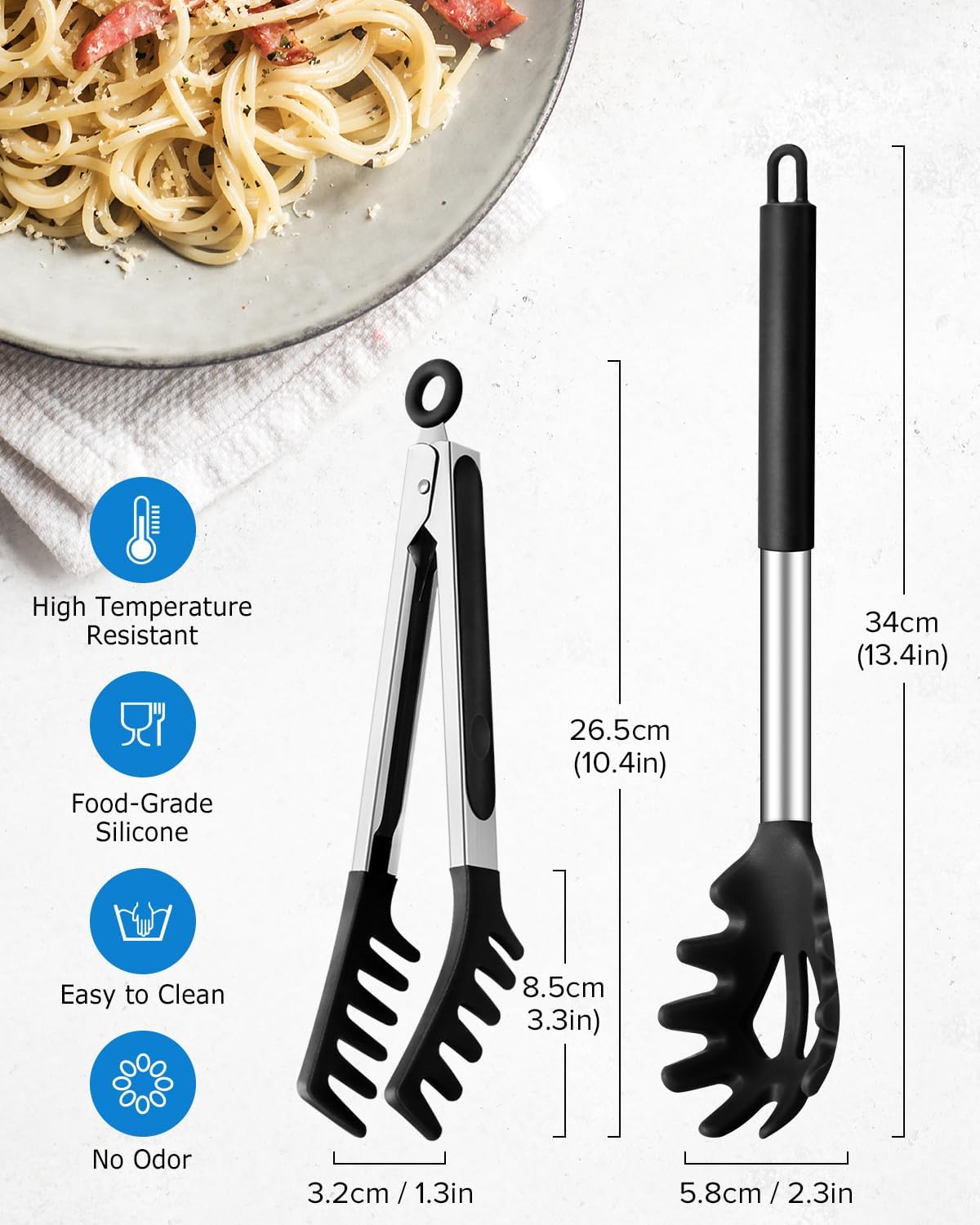Spaghetti Spoon and Pasta Tong, Non-stick Silicone Spoon Server Fork with teeth and Stainless Steel Handle Spaghetti Tong, Food Clip for Spaghetti Noodle (BLACK)