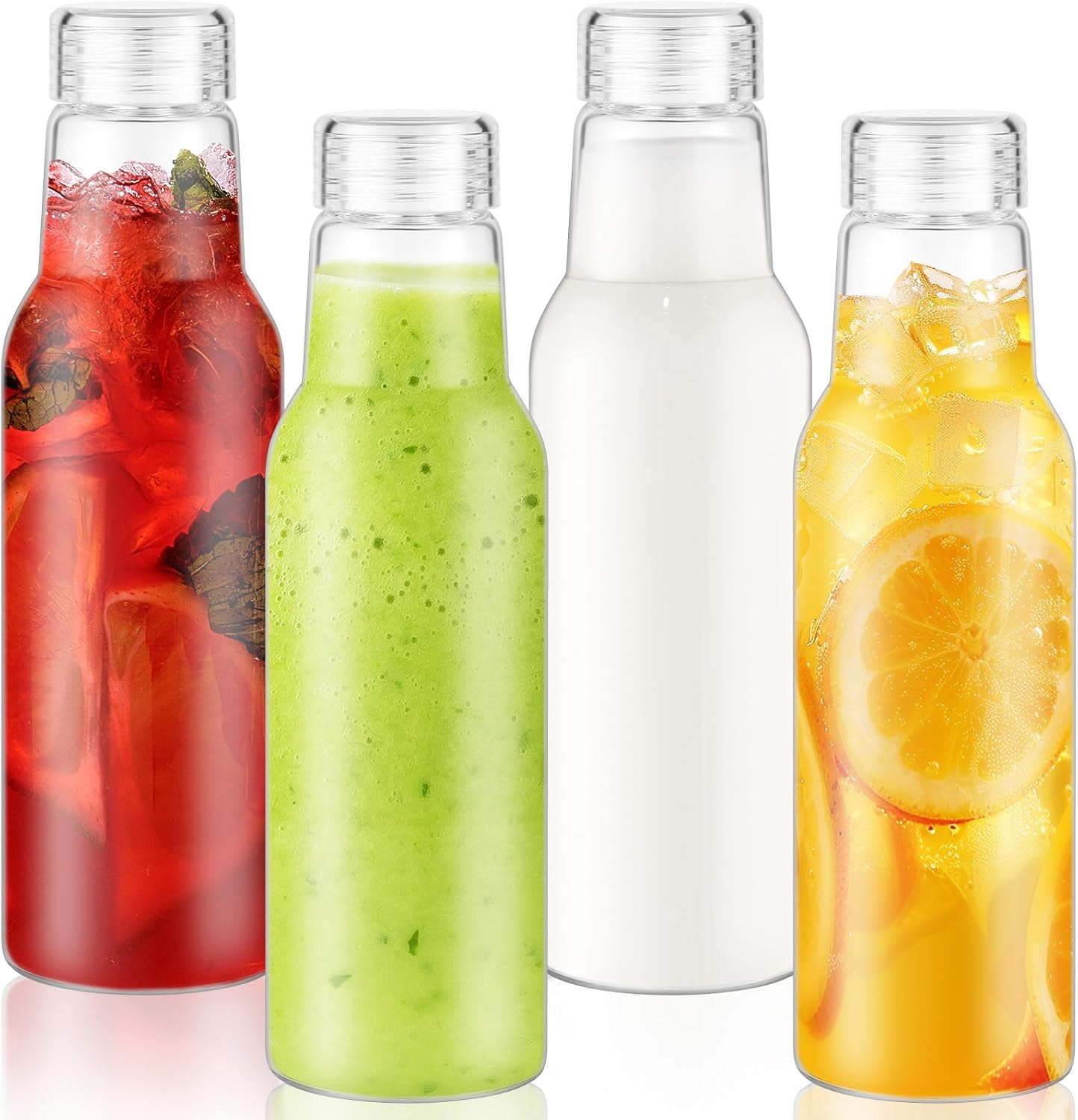 25 Oz Glass Bottles with Lids, Glass Juice Bottles, Smoothies, Water, Milks, Beverage Storage, Clear Glass Jars for Pickles, Food Storage (4 Pack)