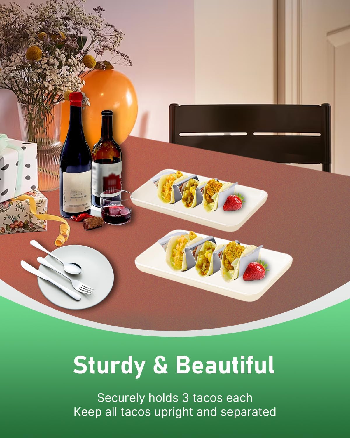 Stainless Steel Taco Holder Stand Set of 4, Total 12 Tacos, U-shape Taco Shell Holder with Handle, Each Stackable Rack Holder Up to 3 Tacos, Dishwasher & Microwave Safe