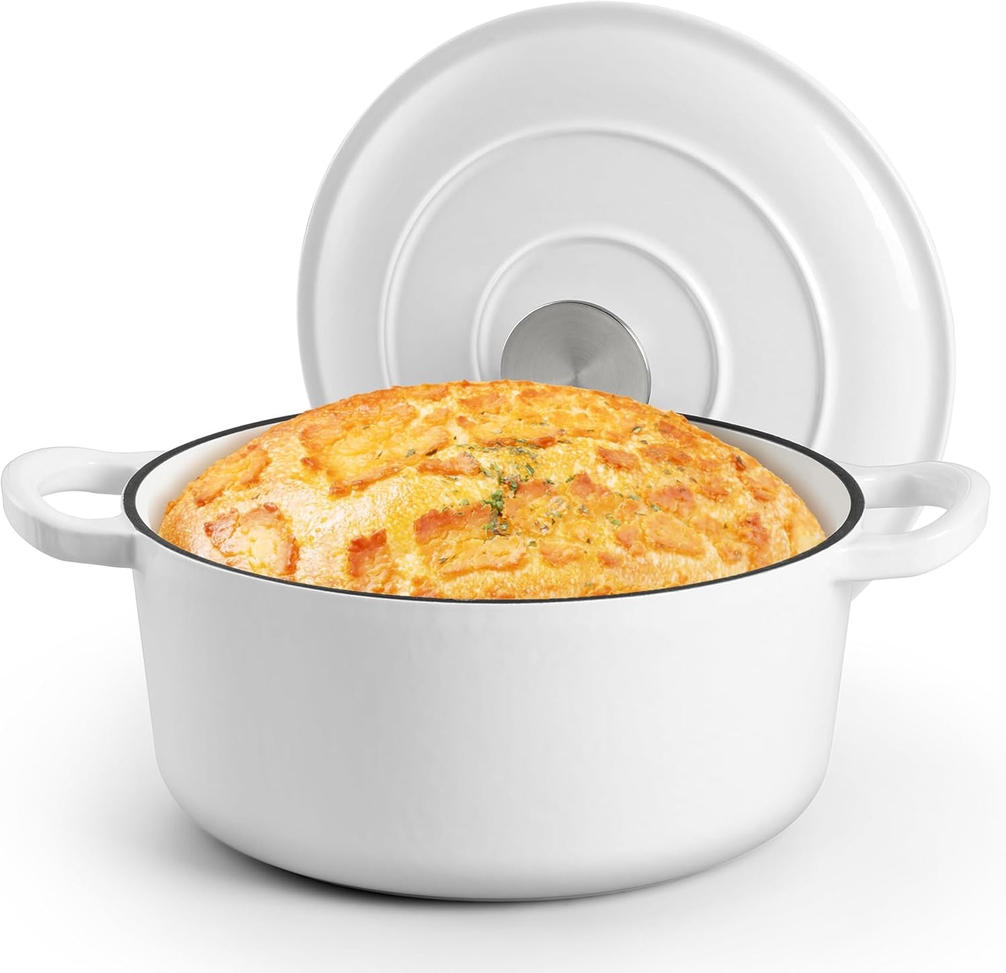 Small 3 Quart Dutch Oven, HaSteeL Round Cast Iron Cooking Pot with Lid, Nonstick Enameled Cookware for Sourdough Bread Baking Roasting Stewing Braising Frying, Heavy Duty & Oven Safe 500℉, White