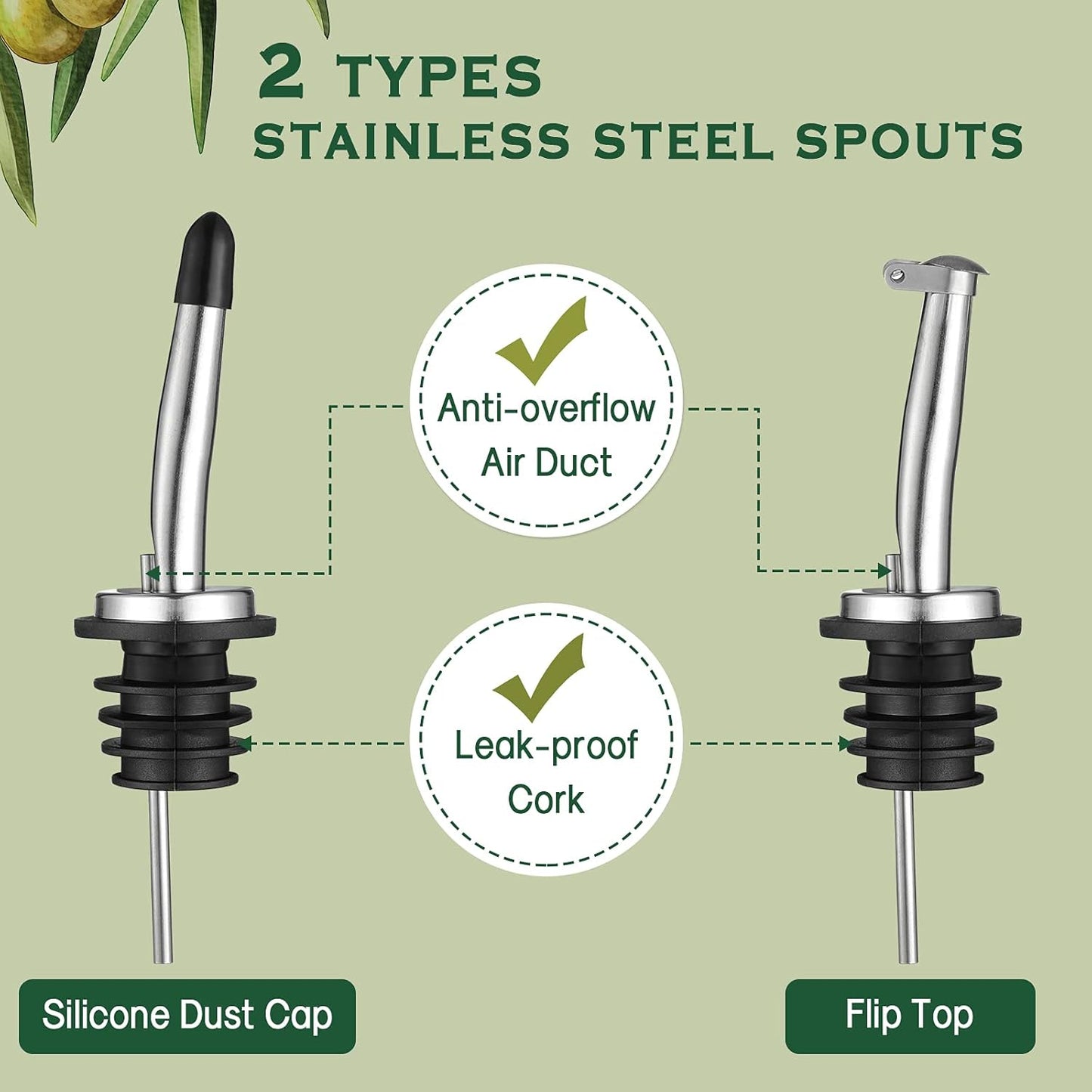 AOZITA 17oz Glass Olive Oil Dispenser - Oil and Vinegar Cruet Bottle with Stainless Steel Pourers - Funnel For Easy Refill - Olive Oil Carafe Decanter for Kitchen